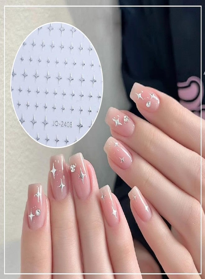 BSBTBZ 6Sheets Heart Star Nail Art Stickers 3D French Silver Glitter Nail Decals Designer Nail Supplies Metallic Silver Star Love Hearts Nail Designs Sticker for Women DIY Nail Decorations Accessories Crafts - Image 2